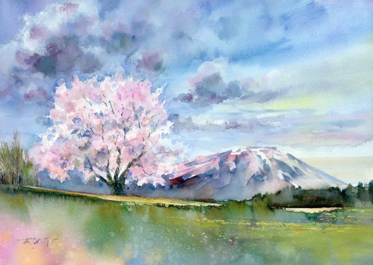 岩手山を背景に咲く桜